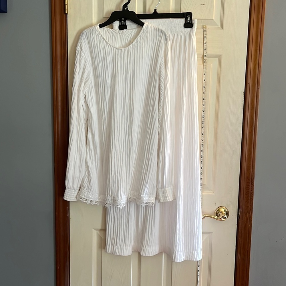Beehive, clothing, two piece set-medium-white long sleeve blouse, and long skirt